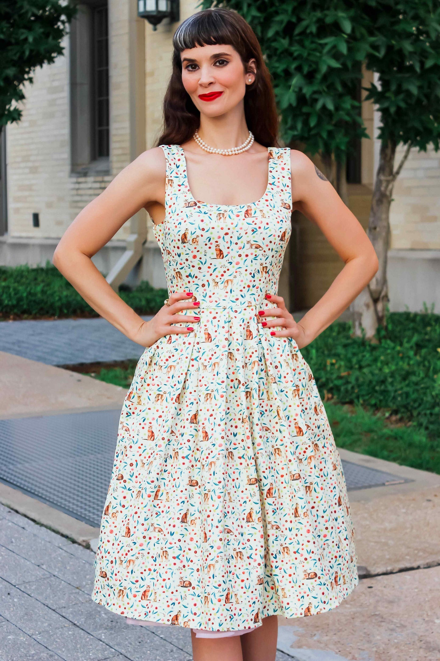 Amanda Ivory Cream Flared Dress in Cat Floral Print