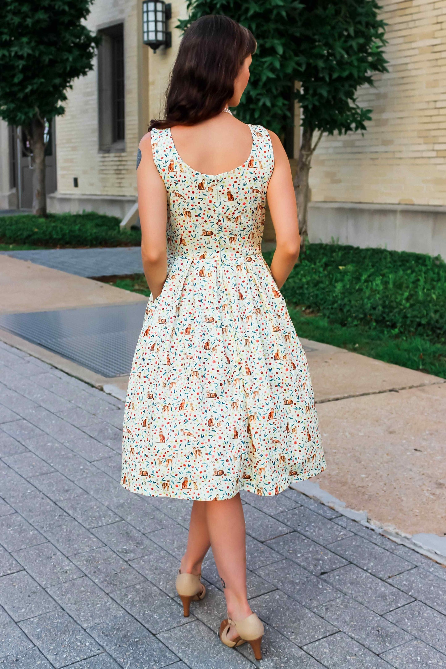 Amanda Ivory Cream Flared Dress in Cat Floral Print