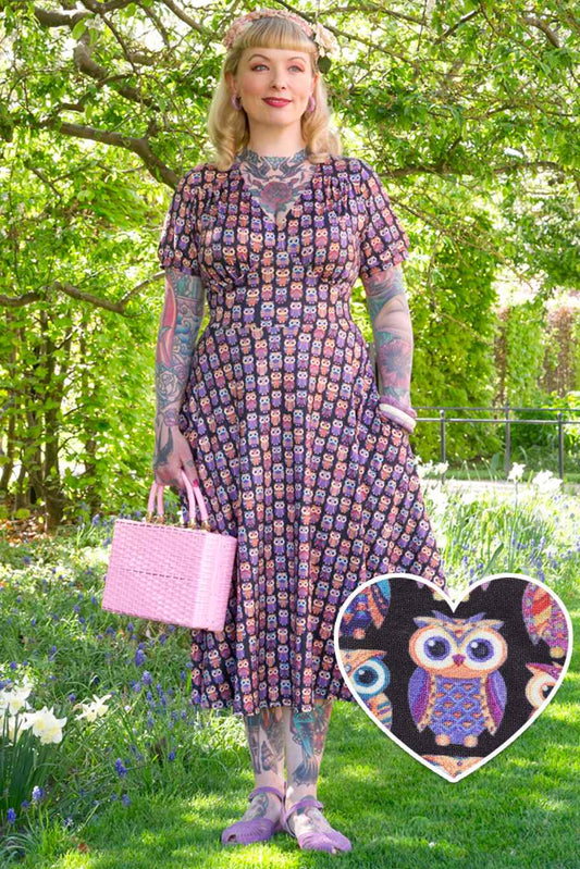 Julia Black Midi Dress in Aztec Owl Print