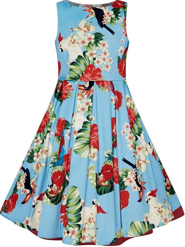 Kids Annie Vintage Inspired Floral Parrot Dress in Light Blue