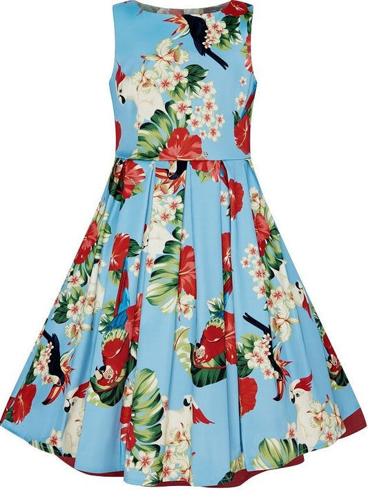 Kids Annie Vintage Inspired Floral Parrot Dress in Light Blue