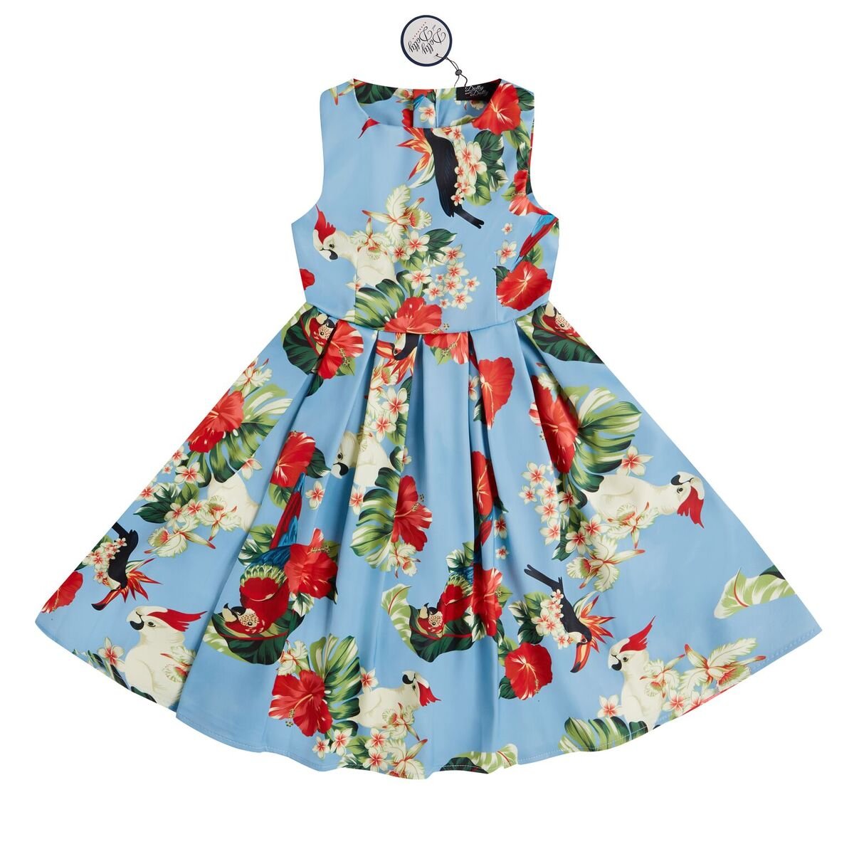 Kids Annie Vintage Inspired Floral Parrot Dress in Light Blue