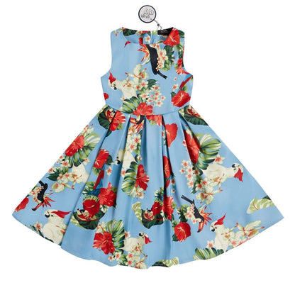 Kids Annie Vintage Inspired Floral Parrot Dress in Light Blue