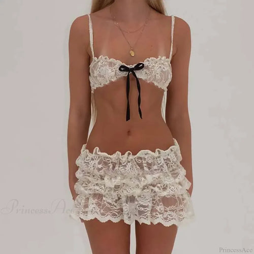 Lace Sheer Spaghetti Strap Camis Mini Skirt Two Pieces Set