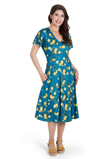 Palma Short Sleeved Tea Dress in Teal Blue Lemon Print