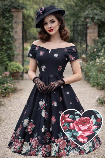 Lily Black Falling Rose Off Shoulder Dress