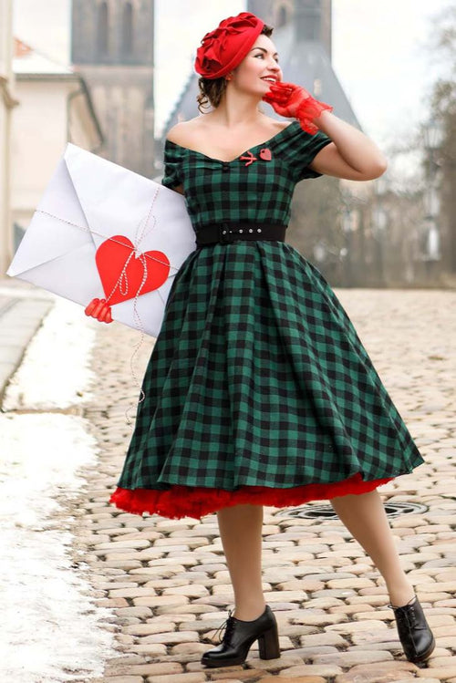 Lily Green Check Off Shoulder Dress