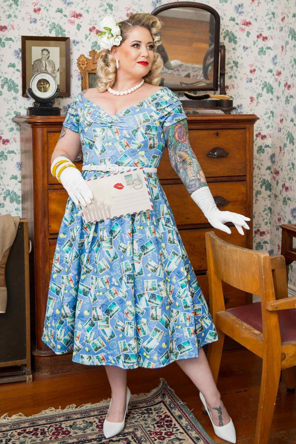Lily Postage Stamp Off Shoulder Dress In Blue