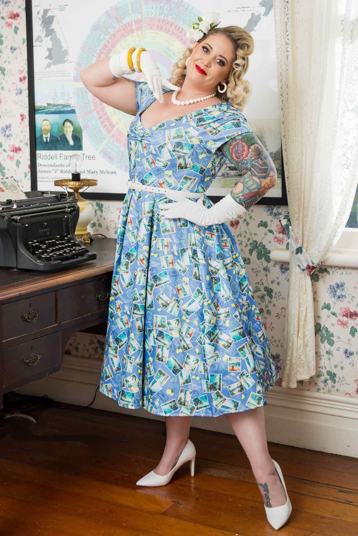 Lily Postage Stamp Off Shoulder Dress In Blue