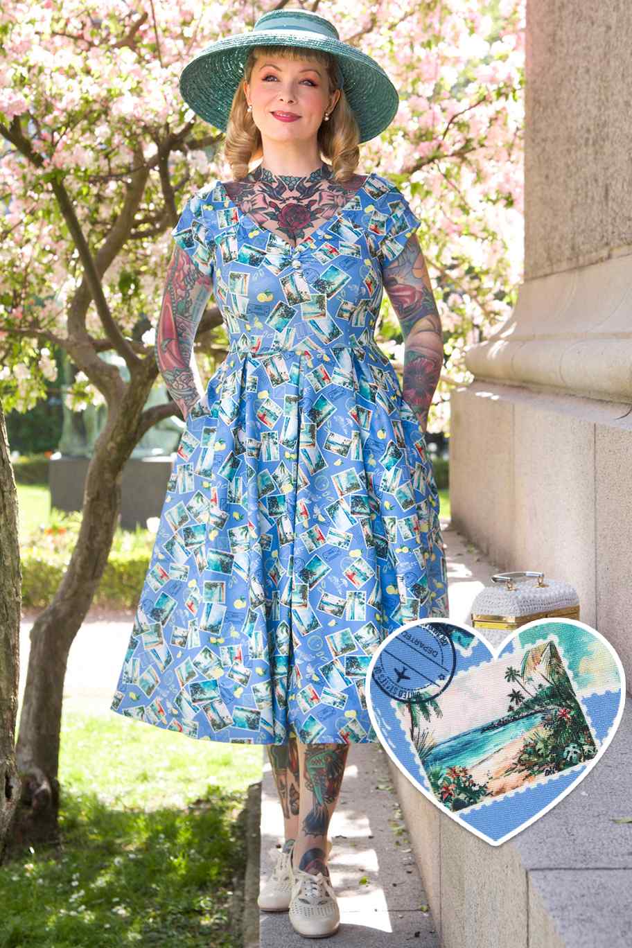 Lily Postage Stamp Off Shoulder Dress In Blue