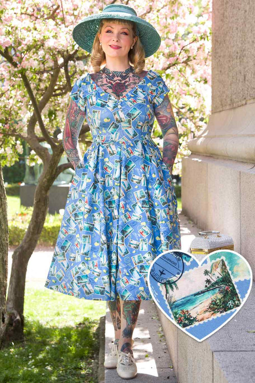 Lily Postage Stamp Off Shoulder Dress In Blue