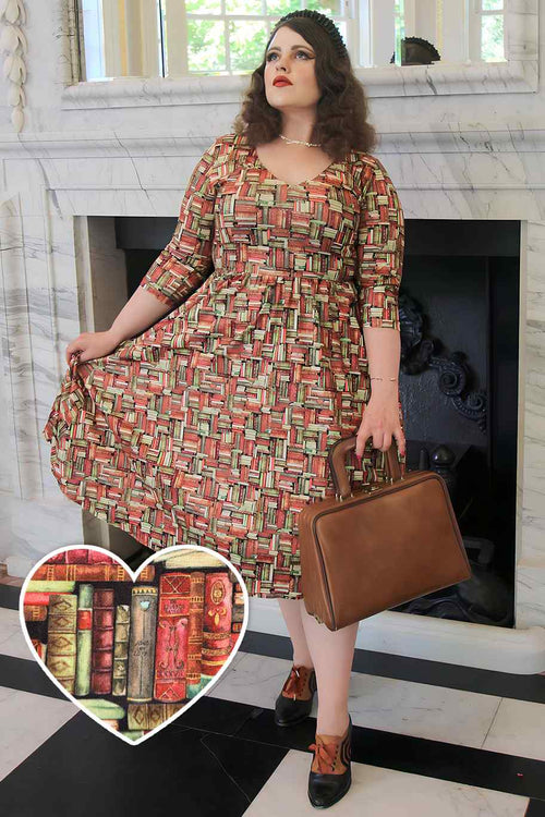 Billie Long Sleeved Book Print Flared Dress