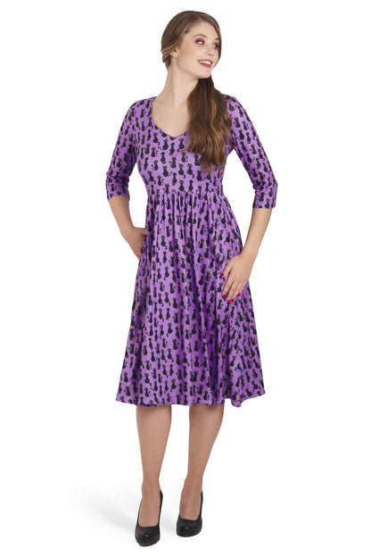 Billie Long Sleeved Purple Black Cat Dress