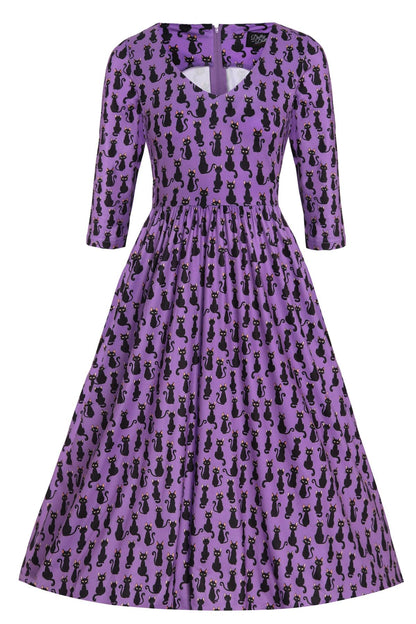 Billie Long Sleeved Purple Black Cat Dress
