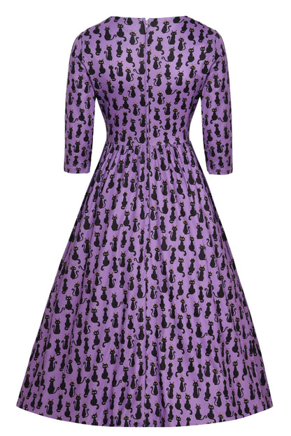 Billie Long Sleeved Purple Black Cat Dress