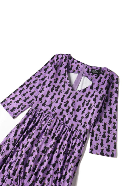 Billie Long Sleeved Purple Black Cat Dress