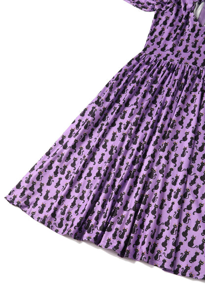 Billie Long Sleeved Purple Black Cat Dress