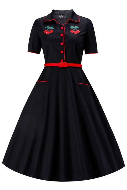 Mabel Rockabilly Midi Shirt Dress With Cherry Embroidery