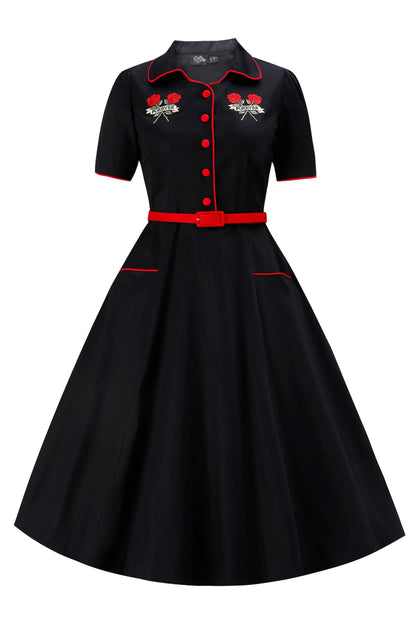 Mabel Rockabilly Shirt Dress With Rose Embroidery