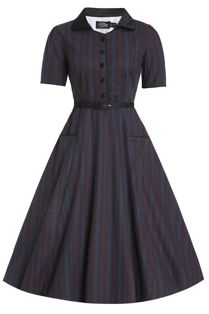 Mabel Rockabilly Striped Shirt Dress In Navy Blue
