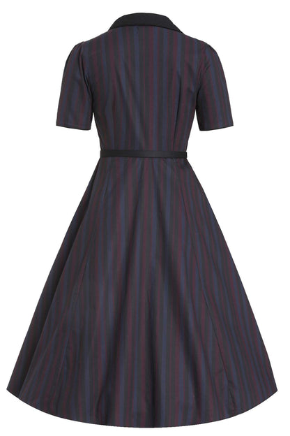 Mabel Rockabilly Striped Shirt Dress In Navy Blue