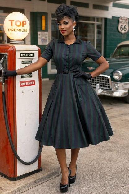 Mabel Rockabilly Striped Shirt Dress In Dark Green