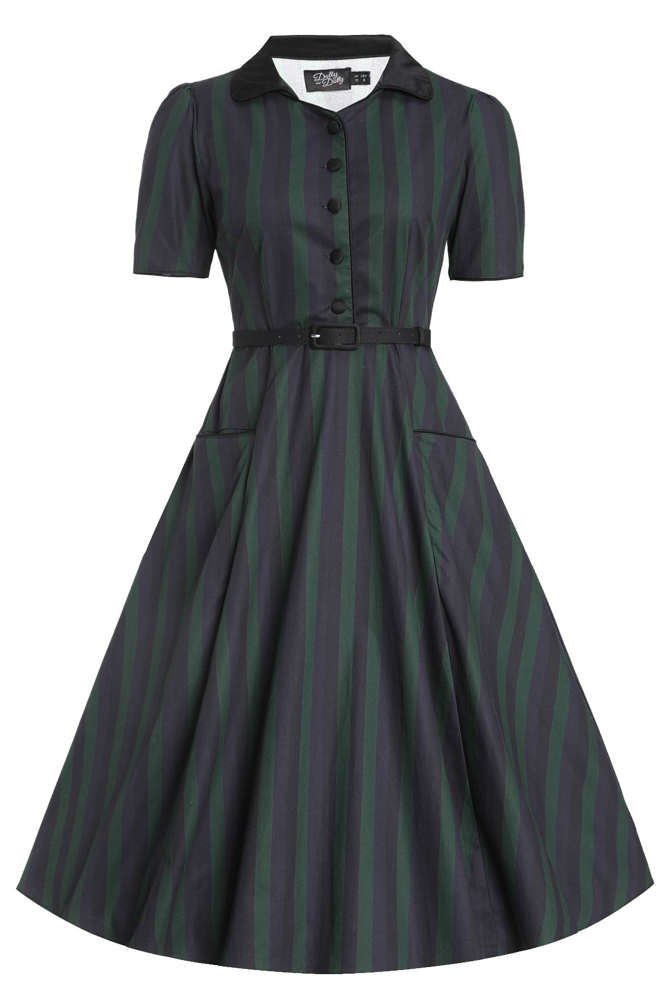 Mabel Rockabilly Striped Shirt Dress In Dark Green