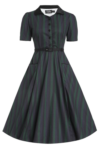 Mabel Rockabilly Striped Shirt Dress In Dark Green