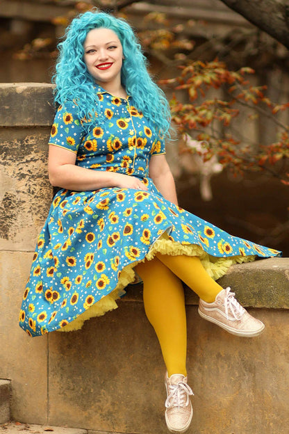 Mabel Sunflower Midi Shirt Dress In Blue