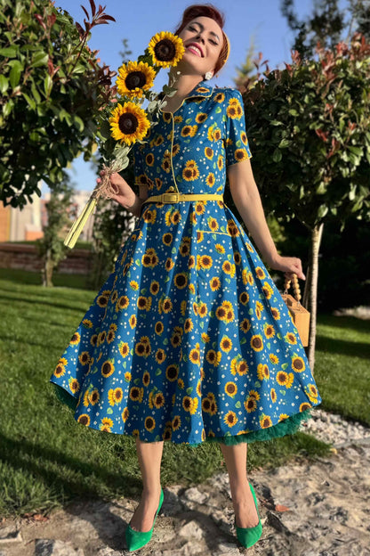 Mabel Sunflower Midi Shirt Dress In Blue