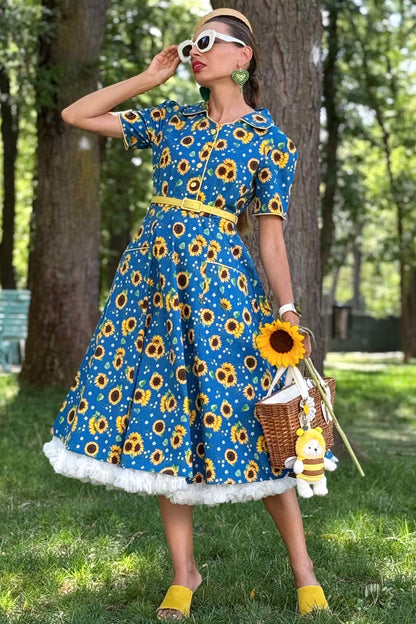 Mabel Sunflower Midi Shirt Dress In Blue