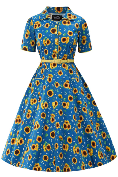 Mabel Sunflower Midi Shirt Dress In Blue