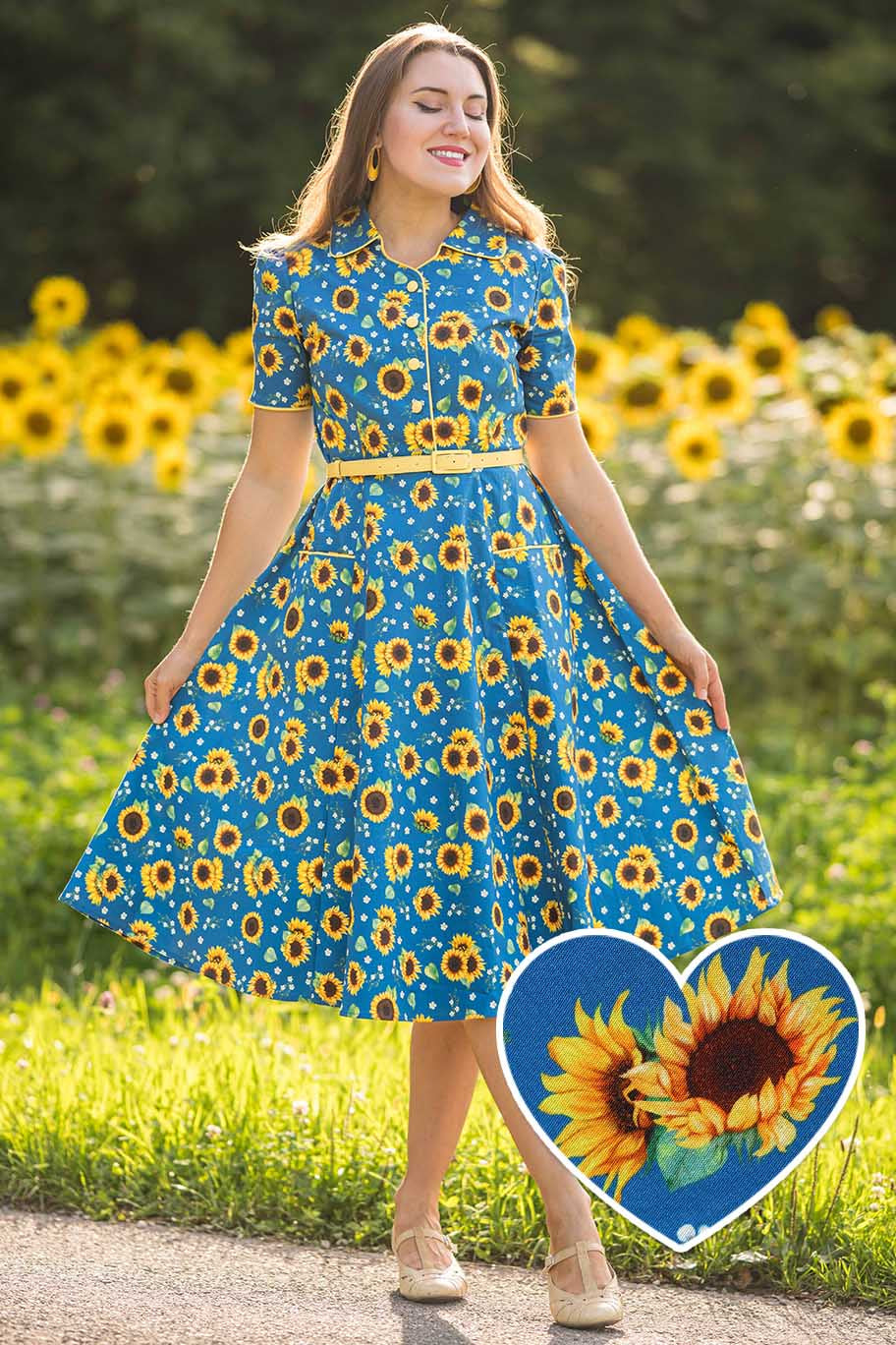 Mabel Sunflower Midi Shirt Dress In Blue