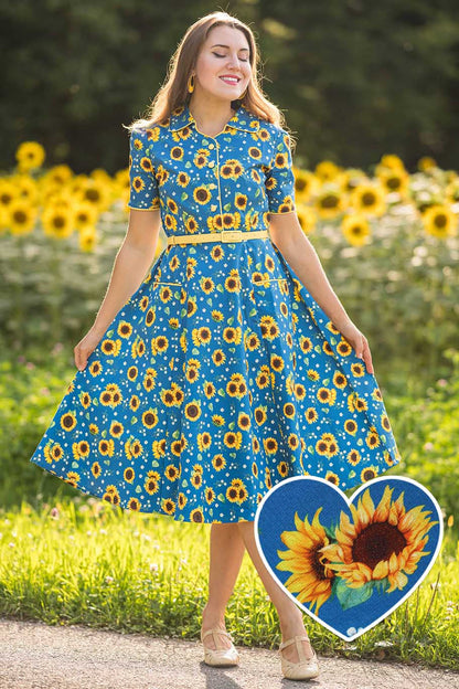 Mabel Sunflower Midi Shirt Dress In Blue