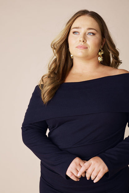 Megan Off Shoulder Midi Dress Navy