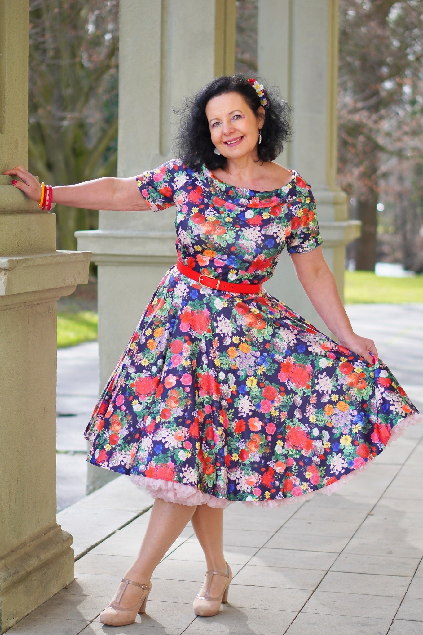 Darlene Midnight Garden Off Shoulder Swing Dress