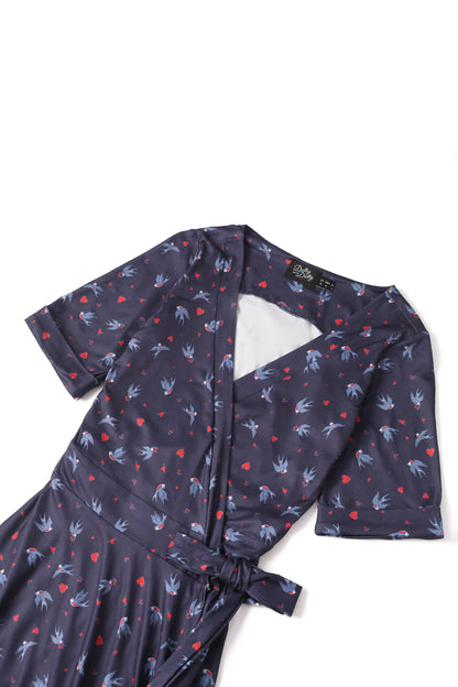 Matilda Navy Blue Heart & Swallow Wrap Dress