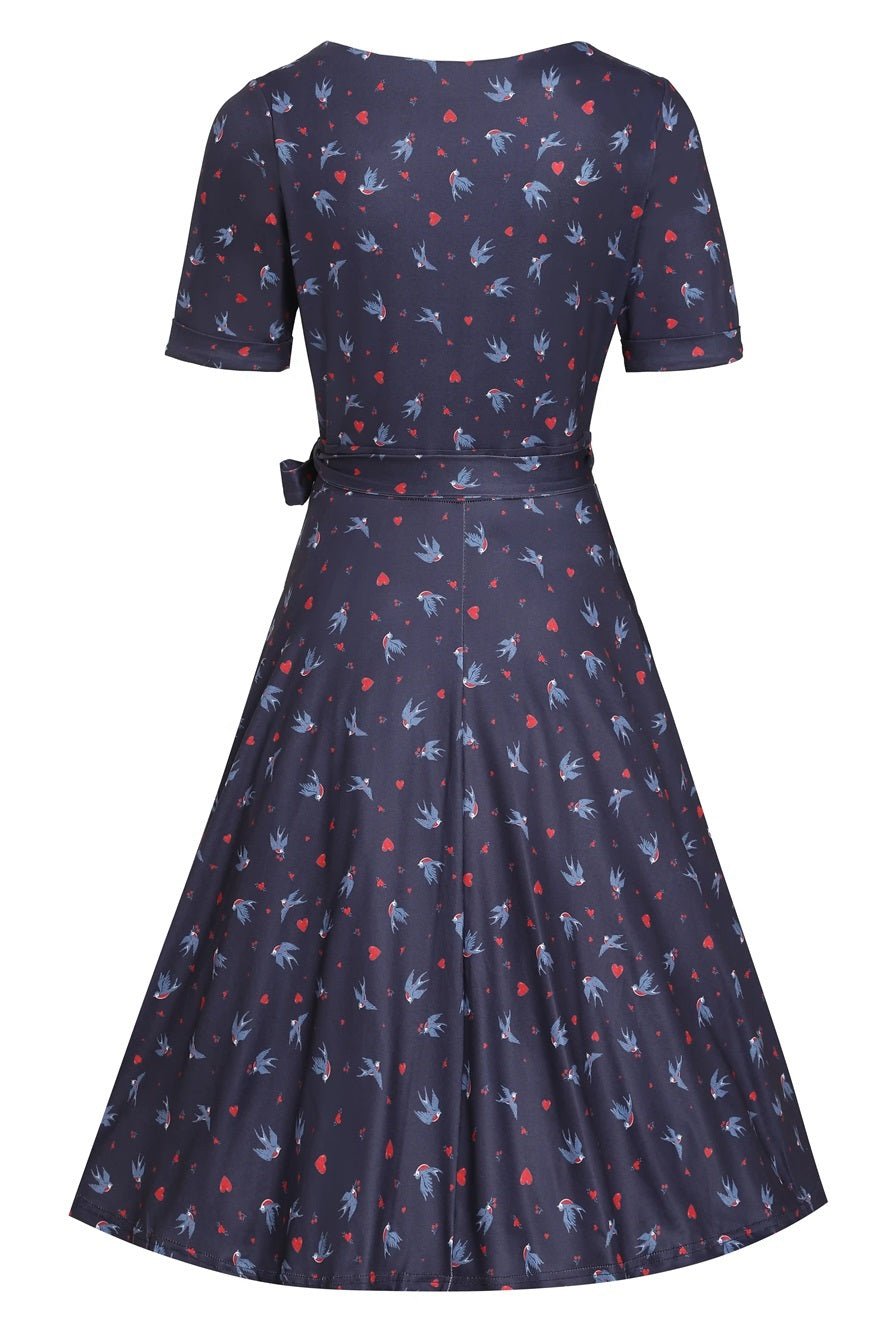 Matilda Navy Blue Heart & Swallow Wrap Dress