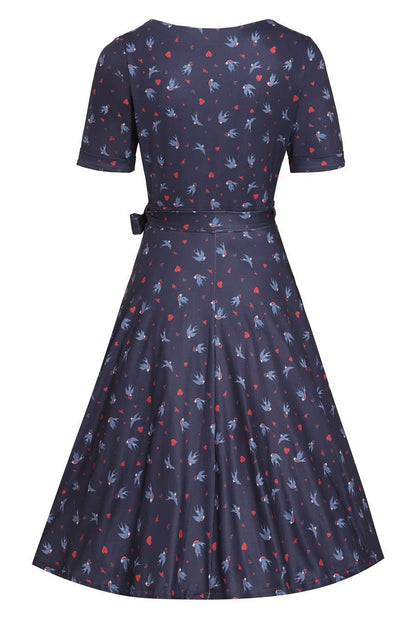 Matilda Navy Blue Heart & Swallow Wrap Dress