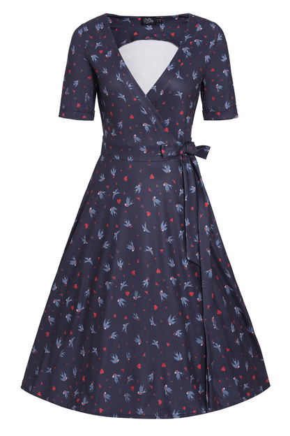 Matilda Navy Blue Heart & Swallow Wrap Dress