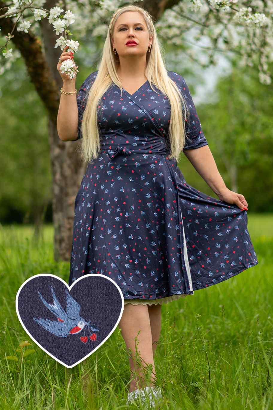 Matilda Navy Blue Heart & Swallow Wrap Dress