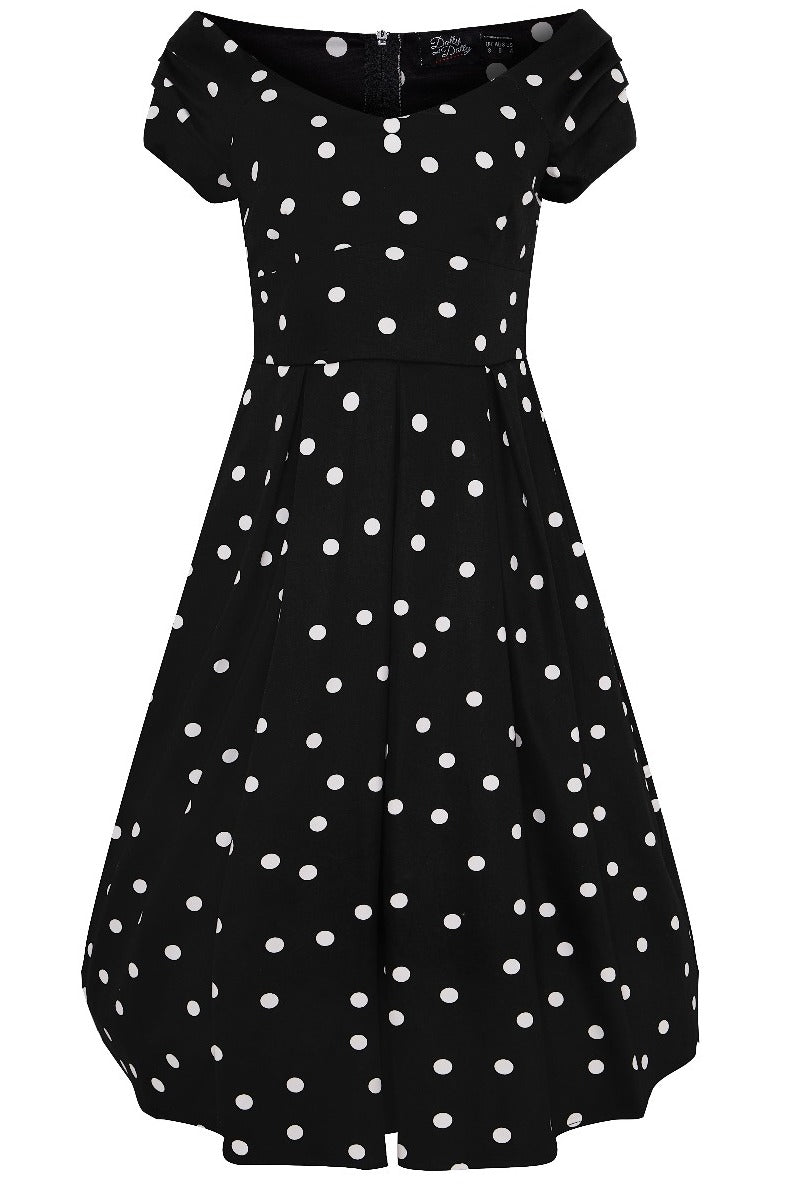 Lily Off Shoulder 50s Polka Dot Evening Dress in Black-White