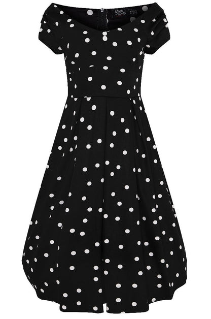 Lily Off Shoulder 50s Polka Dot Evening Dress in Black-White