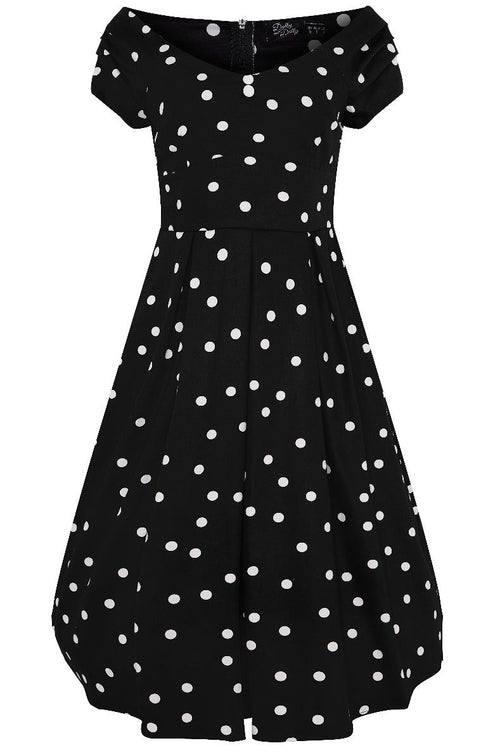 Lily Off Shoulder 50s Polka Dot Evening Dress in Black-White