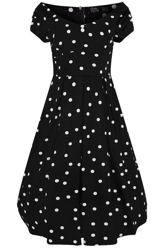 Lily Off Shoulder 50s Polka Dot Evening Dress in Black-White