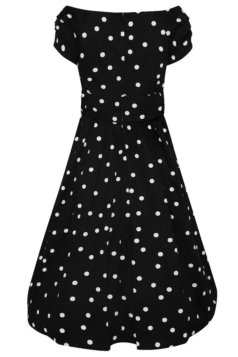Lily Off Shoulder 50s Polka Dot Evening Dress in Black-White
