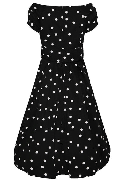 Lily Off Shoulder 50s Polka Dot Evening Dress in Black-White