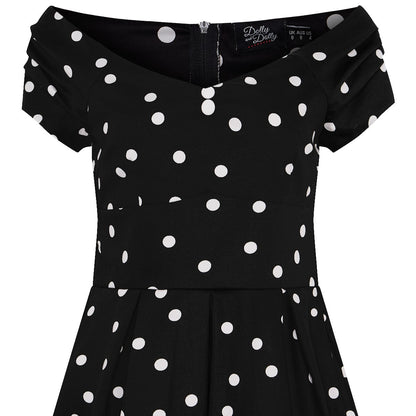 Lily Off Shoulder 50s Polka Dot Evening Dress in Black-White