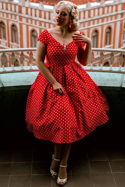 Lily Off-Shoulder 50's Polka Dot Swing Dress in Red/White