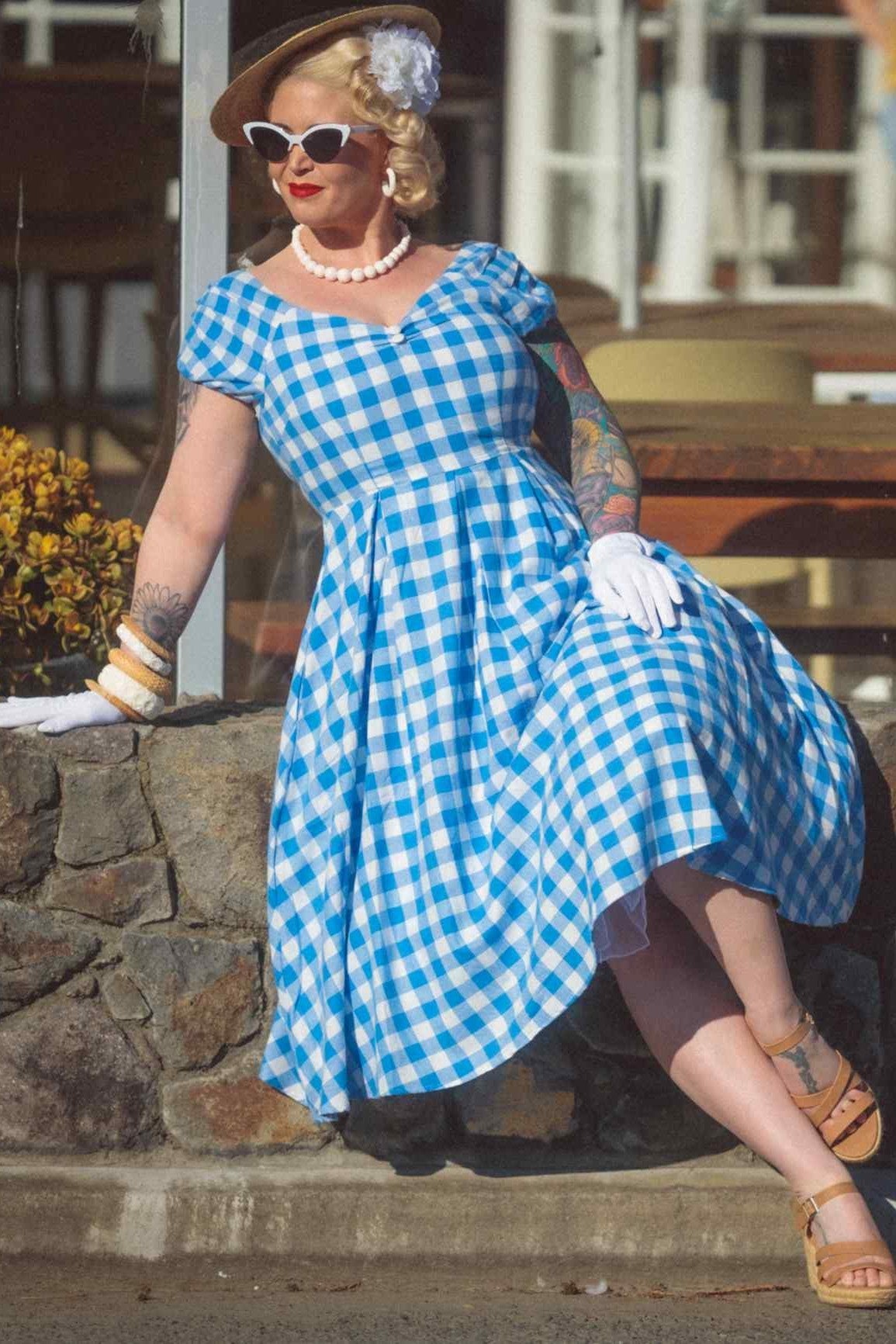 Lily Off Shoulder Blue Gingham Dress
